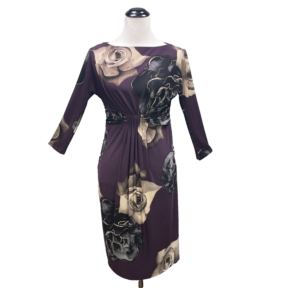 Jones New York Sz 6 Dark Purple Floral Dress 3/4 Slv Classic Professional Chic
